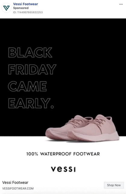 A pair of light pink sneakers is displayed on a white background with text reading "Black Friday Came Early" and "100% Waterproof Footwear Vessi.