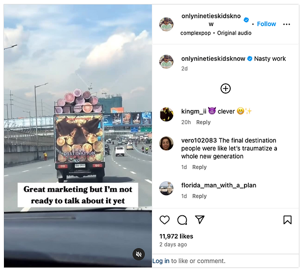 A truck with a rear graphic showing logs resembling faces from the movie "Final Destination" is driving on a highway; Instagram text overlay and comments are visible.
