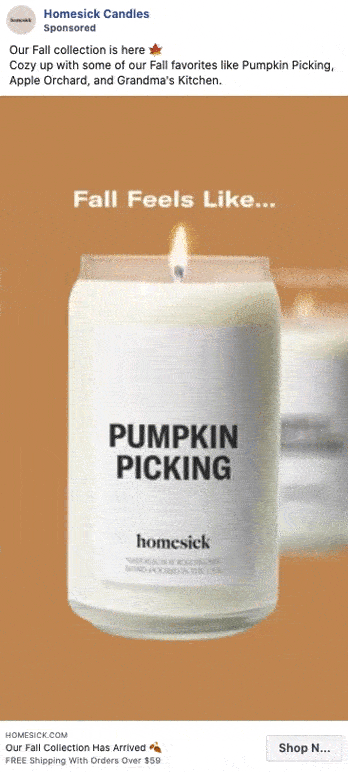 A white candle labeled "PUMPKIN PICKING" sits in the center; text above reads "Fall Feels Like..." with autumn-colored background and animated falling leaves.