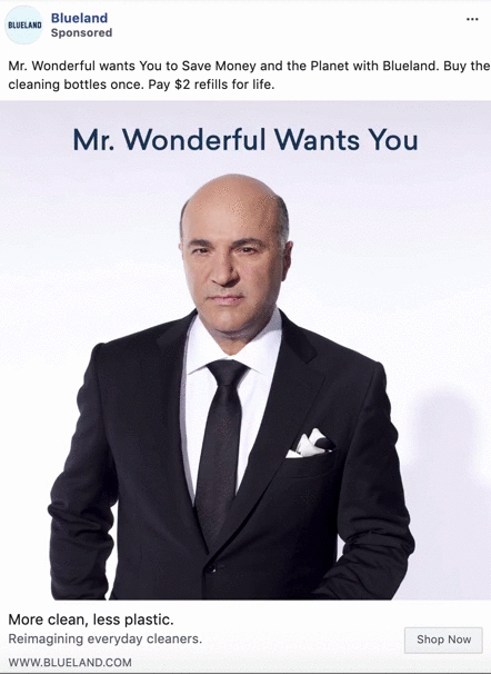 A man in a suit stands against a white background with text above him reading, “Mr. Wonderful Wants You.” This is an advertisement for Blueland cleaning products.