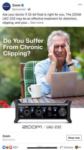 An older man sits outdoors holding his head in discomfort. Text reads “Do You Suffer From Chronic Clipping?” Below is an image of a Zoom UAC-232 audio interface.