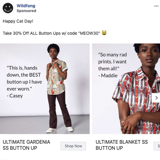 Two women model short-sleeved button-up shirts with prints. Promotional text offers 30% off all button-ups with code "MEOW30." Customer testimonials are shown beside each model.