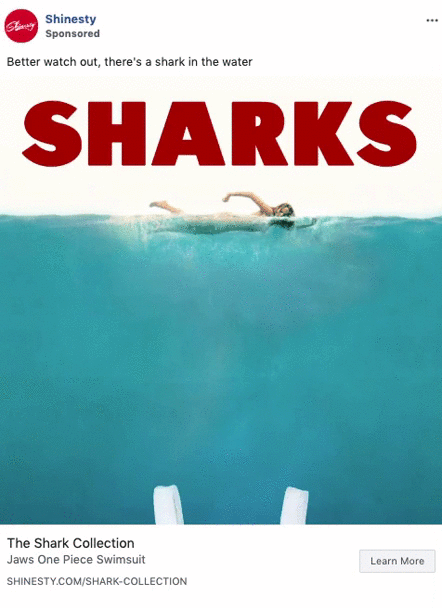 A person swims near the water surface with large red text "SHARKS" above; image promotes swimsuits from The Shark Collection by Shinesty.