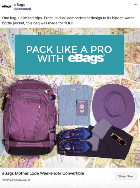 A purple travel backpack, shoes, sunglasses, a shirt, a passport, a hat, earphones, and a watch are arranged on a map next to a sign that says "PACK LIKE A PRO WITH eBAGS.