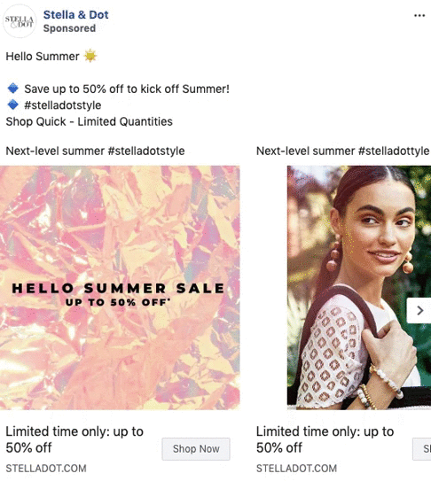 Advertisement for Stella & Dot's summer sale offering up to 50% off, featuring a woman in summer attire and promotional text about limited-time discounts.