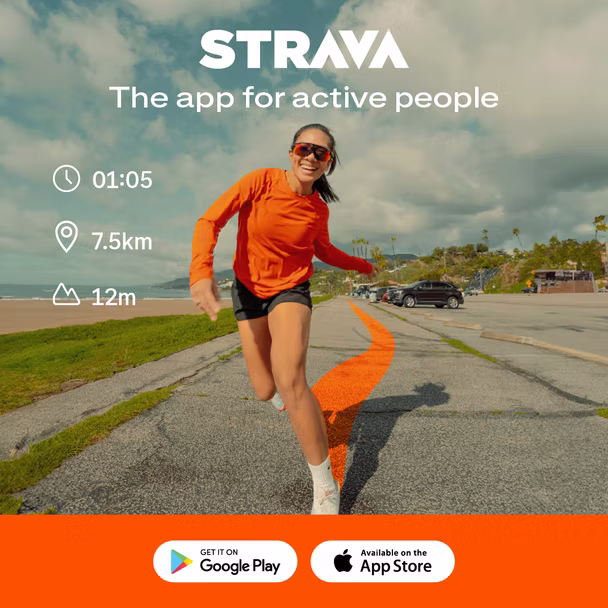 A woman runs on a paved path near a beach under a partly cloudy sky; Strava app tracking stats and download options are displayed.