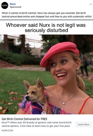 A woman in a pink outfit and hat smiles and holds a small dog, with a caption above promoting Nurx birth control delivery services.