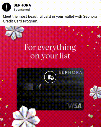 A Sephora credit card is displayed on a red background with white decorative flowers and the text "For everything on your list.