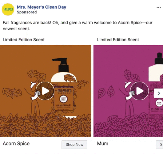 Advertisement featuring Mrs. Meyer’s Clean Day fall fragrances with illustrated bottles of hand soap and dish soap in Acorn Spice and Mum scents, surrounded by autumn leaves.