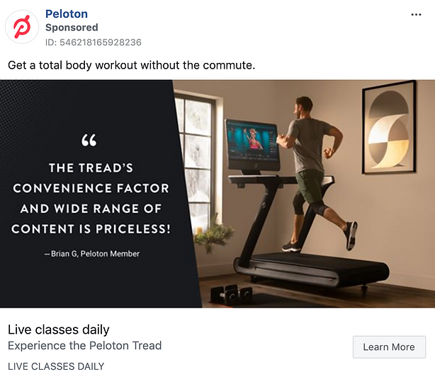 A person runs on a Peloton treadmill at home, following a workout on the screen. A quote highlights the convenience and variety of Peloton classes.