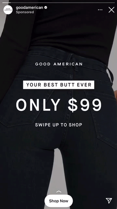 A person wearing dark jeans and a black top is shown from the back. Text on the image advertises Good American jeans for $99 with a call to shop.