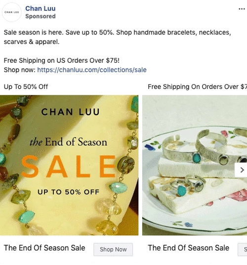 Online ad for Chan Luu’s end of season sale featuring gemstone jewelry with text promoting up to 50% off and free shipping on US orders over $75.