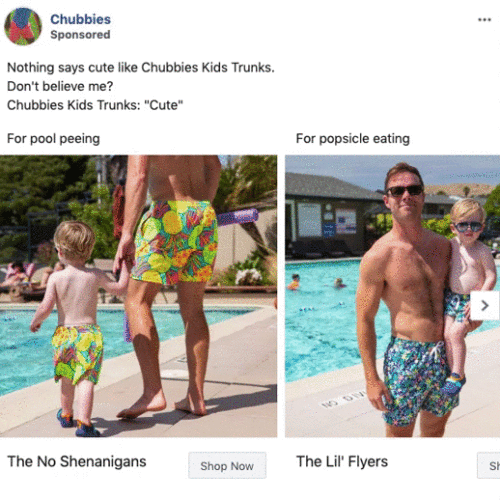 Two photos of men and boys in colorful swim trunks by a pool; text highlights the swimwear's appeal for kids and adults.