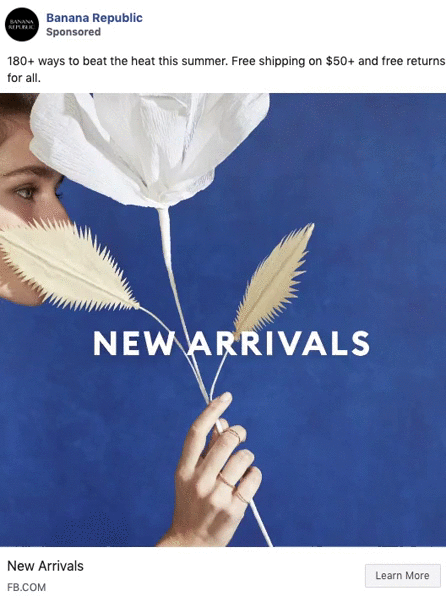 A hand holds a large white paper flower and beige leaves against a blue background with the text "NEW ARRIVALS.