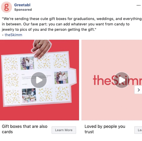 A hand opens a gift box card with photos and decorative patterns beside text reading “theSkimm” on a pink background.