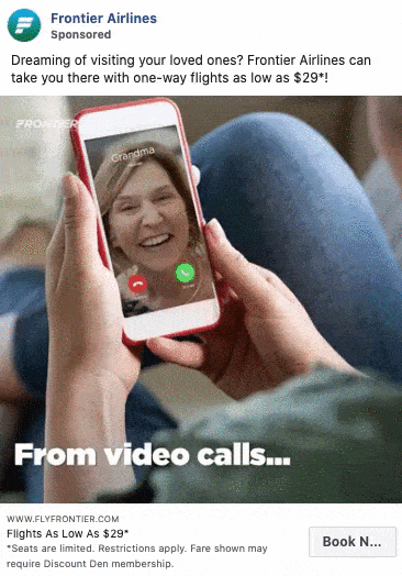 A person holds a phone showing a video call with an older woman labeled "Grandma," with a Frontier Airlines ad offering low flight prices.