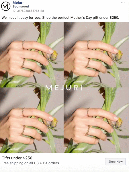 A hand wearing multiple rings holds a flower, repeated in a four-square grid layout. Text overlays promote Mother's Day gifts under $250 from Mejuri.