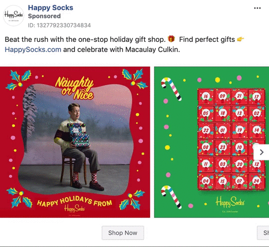 Advertisement for Happy Socks featuring a man with holiday presents, festive decorations, and an advent calendar design. Text promotes holiday shopping and mentions Macaulay Culkin.