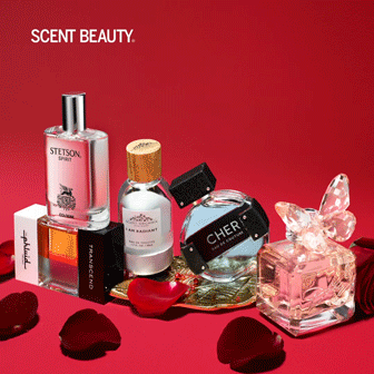 Five assorted perfume bottles and boxes arranged on a red surface with rose petals, under the text "SCENT BEAUTY.