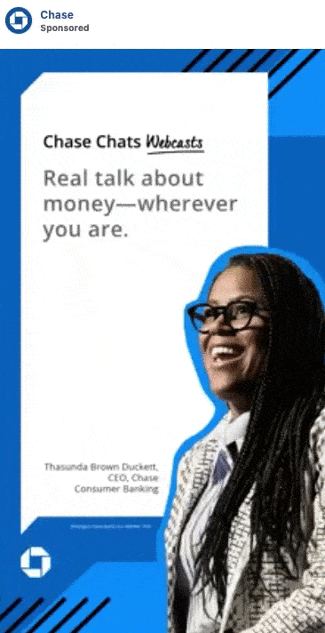 A smiling woman in business attire stands in front of a Chase ad that reads, "Real talk about money—wherever you are," promoting Chase Chats webcasts.