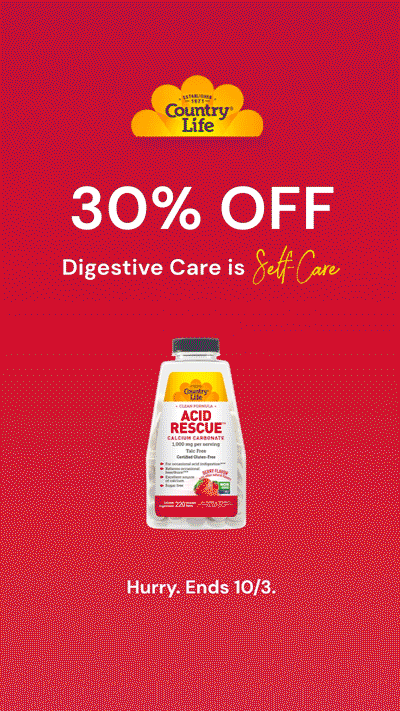Country Life Acid Rescue supplement bottle on red background with text: “30% OFF. Digestive Care is Self Care. Hurry. Ends 10/3.”.