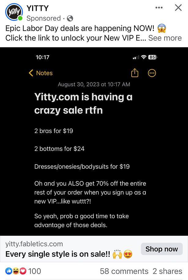 A Facebook ad from Yitty promotes a Labor Day sale with deals like 2 bras for $19 and invites users to shop now.