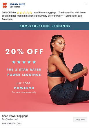 A woman in patterned leggings sits against a pink background. Text offers 20% off five-star rated Power Leggings with code POWER20 for new customers at Sweaty Betty.