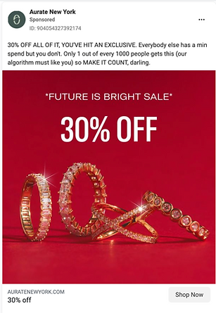 Five gold rings with diamonds are displayed on a red background. Text above them reads "FUTURE IS BRIGHT SALE 30% OFF." A "Shop Now" button is shown at the bottom right.