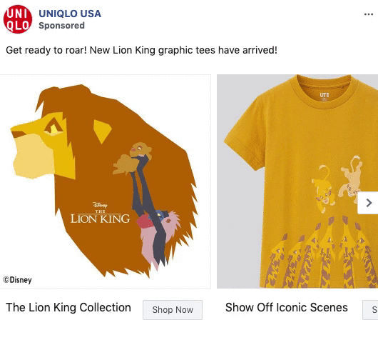 Split image: Left—Lion King graphic with Simba, Timon, and Pumbaa on a lion’s profile; Right—yellow t-shirt featuring Lion King characters. UNIQLO ad for new Lion King tees.