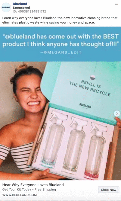 A smiling woman holds an open Blueland kit box containing three refillable spray bottles and text promoting the refilling concept as an eco-friendly solution.