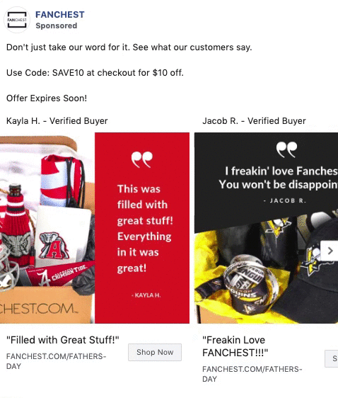 Facebook ad for Fanchest featuring customer reviews, sports merchandise, and a discount code for $10 off with SAVE10. Two customer testimonials are displayed beside product images.
