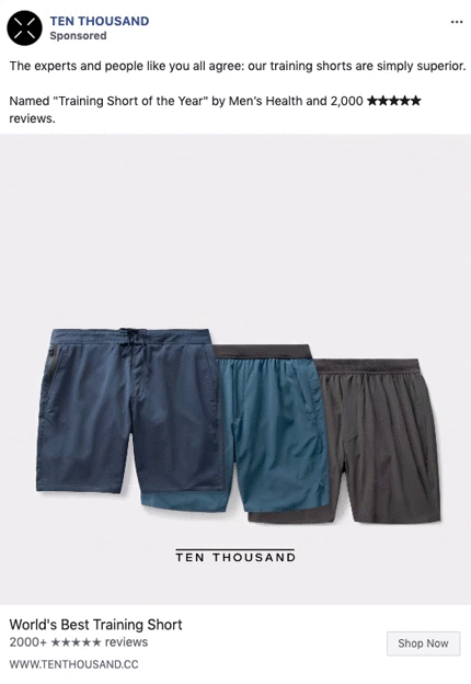 Three pairs of athletic training shorts in navy, teal, and gray are displayed side by side against a light background with the Ten Thousand brand name below.