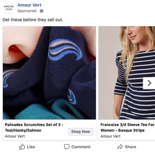 Facebook ad featuring a close-up of patterned scrunchies on the left and a woman wearing a blue and white striped 3/4 sleeve tee on the right.