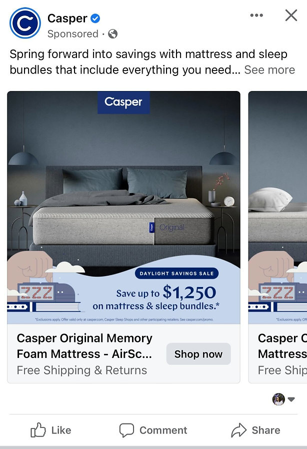 A modern bedroom with a neatly made bed, wall-mounted lamps, and a Casper mattress ad offering up to $1,250 off on mattress and sleep bundles.