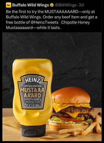 A bottle of Heinz limited edition Chipotle Honey Mustaaaard sauce is shown next to a cheeseburger and fries on a wooden surface.