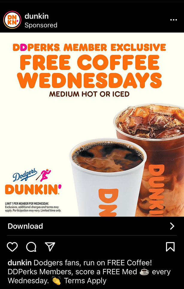 Two Dunkin’ coffee cups, one hot and one iced, with text promoting free medium coffee on Wednesdays for DDPerks members, exclusive to Dodgers fans.