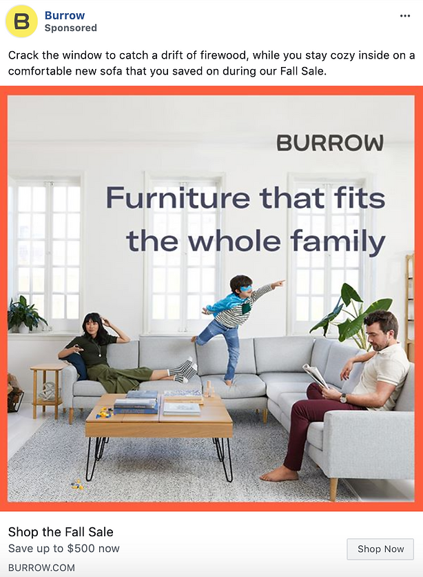 A woman lounges on a gray sectional sofa, a child plays on the sofa, and a man sits reading a book. The room has plants and simple decor. Text promotes Burrow's Fall Sale.