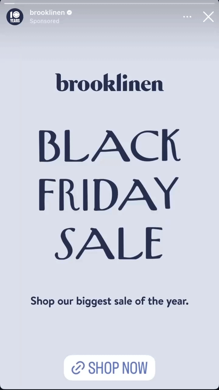 A Brooklinen ad displays "Black Friday Sale" with text stating "Shop our biggest sale of the year" and a "Shop Now" button at the bottom.
