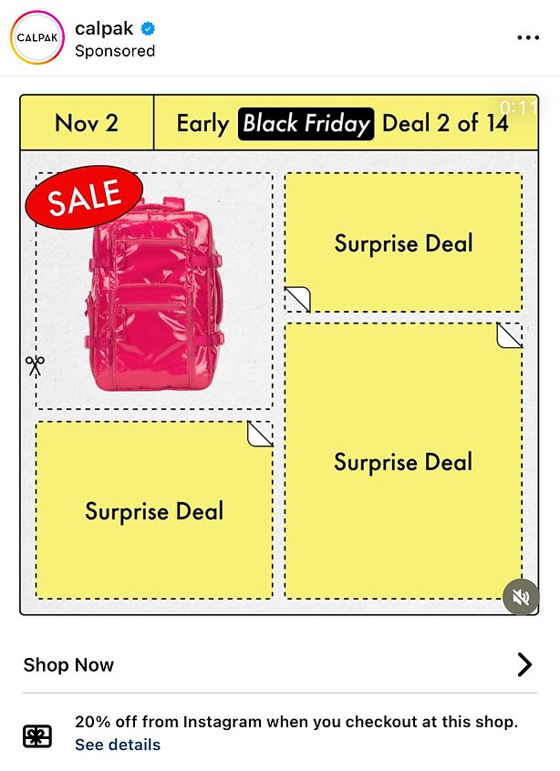 Instagram ad showing a shiny pink backpack on sale for an early Black Friday deal, with three yellow boxes labeled "Surprise Deal" and a "20% off" offer at checkout.