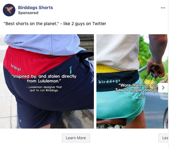 Two men wearing Birddogs shorts are shown from behind. Quotes on the image reference inspiration from Lululemon and a humorous customer review.