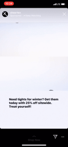 A person’s legs wearing black tights with feet pointed appear above white text advertising 25% off sitewide on tights for winter.