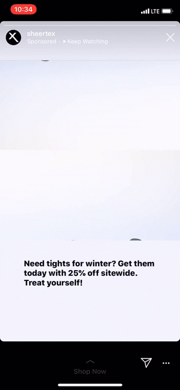 A person’s legs wearing black tights with feet pointed appear above white text advertising 25% off sitewide on tights for winter.