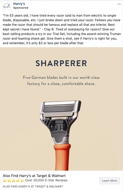 A Harry's razor with an orange handle is displayed below text promoting its quality and value, alongside an excerpt from a customer review.