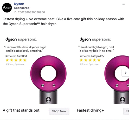 Two Dyson Supersonic hair dryers with customer reviews, highlighting fast drying and no extreme heat, promoting as a holiday gift. Buttons read "Shop Now.