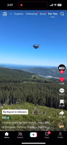 A tent flies above a vast forested landscape under a clear blue sky, as seen in a paused TikTok video with various icons and text overlays.