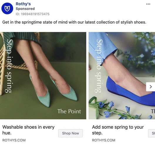 Two images of women's legs wearing pointed-toe flats, one in mint green and one in bright blue, with text promoting spring shoes from Rothy's.