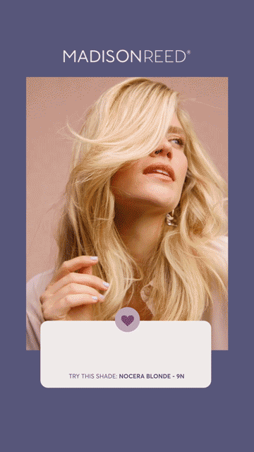 Woman with long, wavy blonde hair poses in front of a pink background. Text at the bottom reads: "TRY THIS SHADE: NOCERA BLONDE - 9N." Madison Reed logo is at the top.