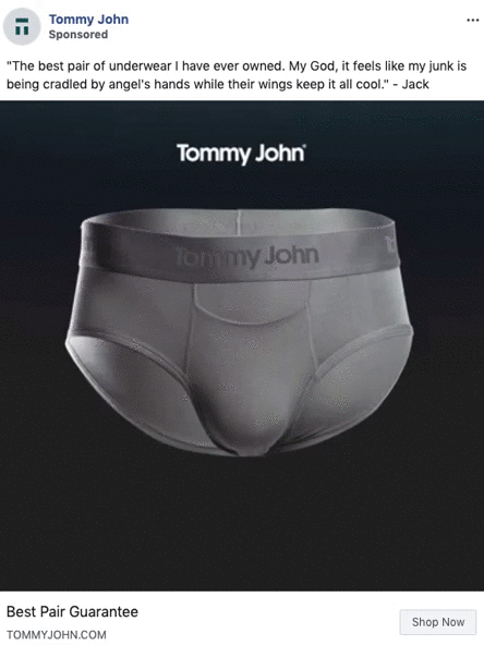 A pair of gray Tommy John men's briefs is displayed against a dark background, with testimonial text and brand logo above.