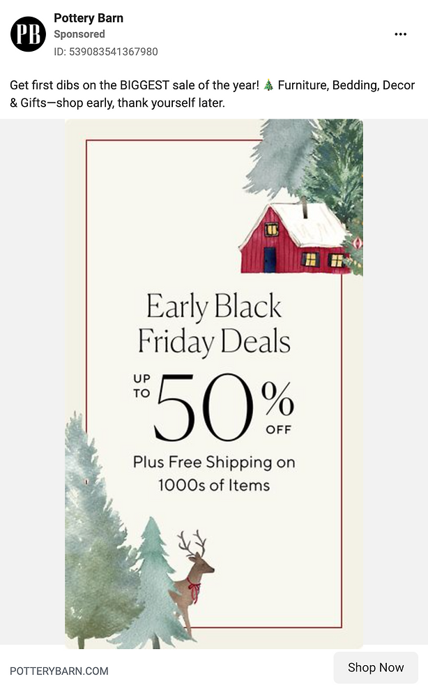 Pottery Barn ad for early Black Friday deals with up to 50% off and free shipping, featuring holiday-themed art of a red house, trees, and a reindeer.