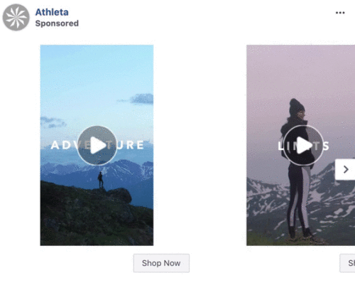 Two video ads from Athleta: one shows a person on a mountain with "ADVENTURE" text; the other shows a person in athletic wear with "LIMITS" text. Both have "Shop Now" buttons.